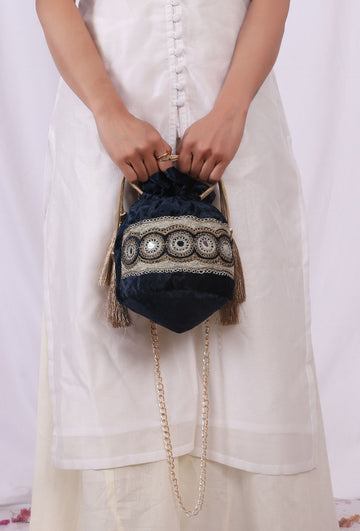 Dark Blue Velvet Tila Embroidery Potli